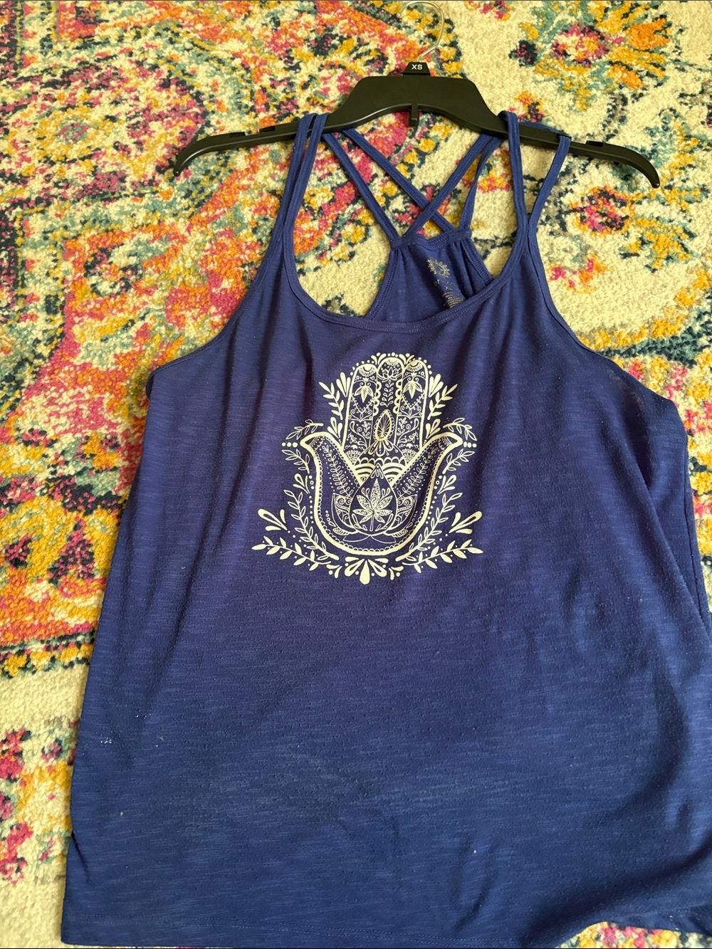 Women’s  Brisa's blue Strappy Tank Top with Hamsa Hand Graphic